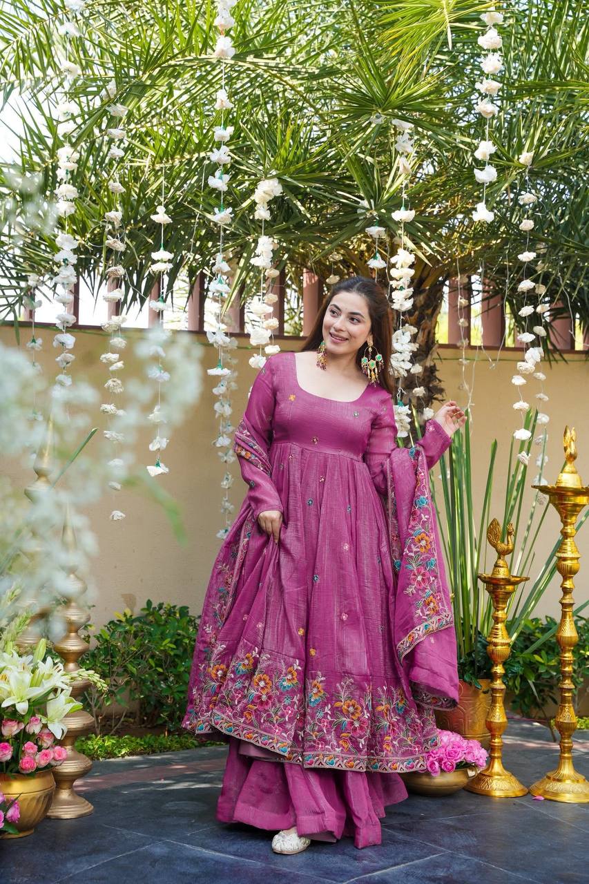 Yash Enterprise Dusty Rose Crunchy Silk Party Wear Embroidery Suit Set - Distacart