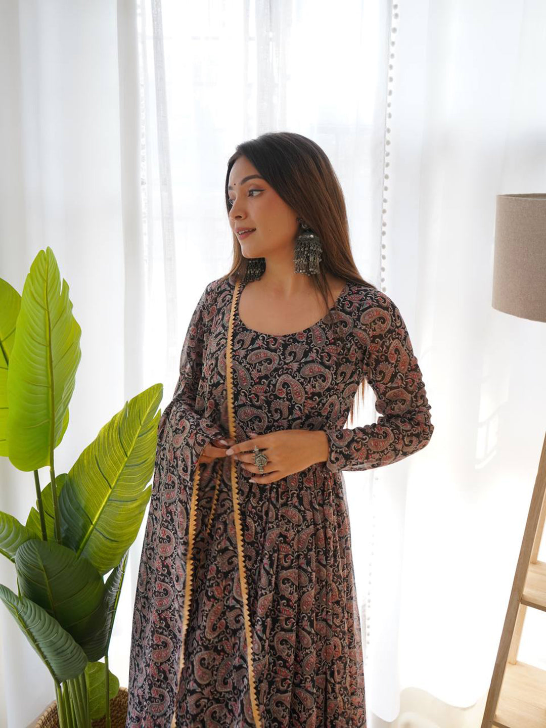 Lorenvalley Fashion Women Soft Georgette Floral Print Fully Flair Anarkali With Pant Dupatta Set - Black - Distacart