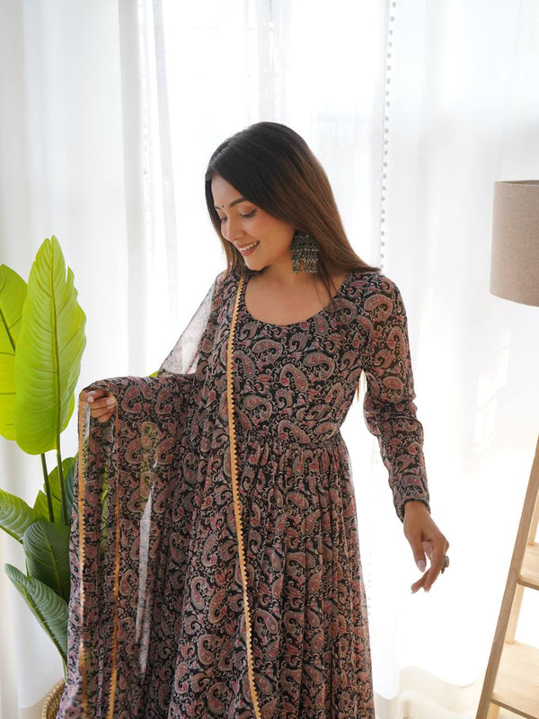 Lorenvalley Fashion Women Soft Georgette Floral Print Fully Flair Anarkali With Pant Dupatta Set - Black - Distacart