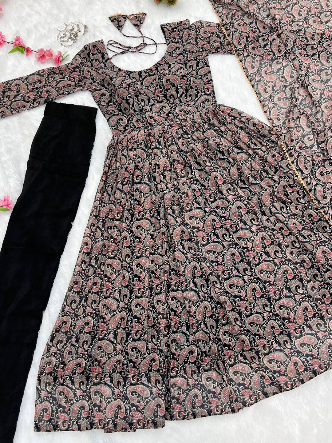 Lorenvalley Fashion Women Soft Georgette Floral Print Fully Flair Anarkali With Pant Dupatta Set - Black - Distacart