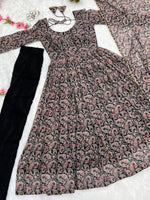 Thumbnail for Lorenvalley Fashion Women Soft Georgette Floral Print Fully Flair Anarkali With Pant Dupatta Set - Black - Distacart