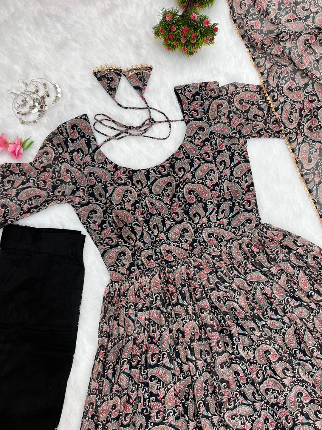 Lorenvalley Fashion Women Soft Georgette Floral Print Fully Flair Anarkali With Pant Dupatta Set - Black - Distacart