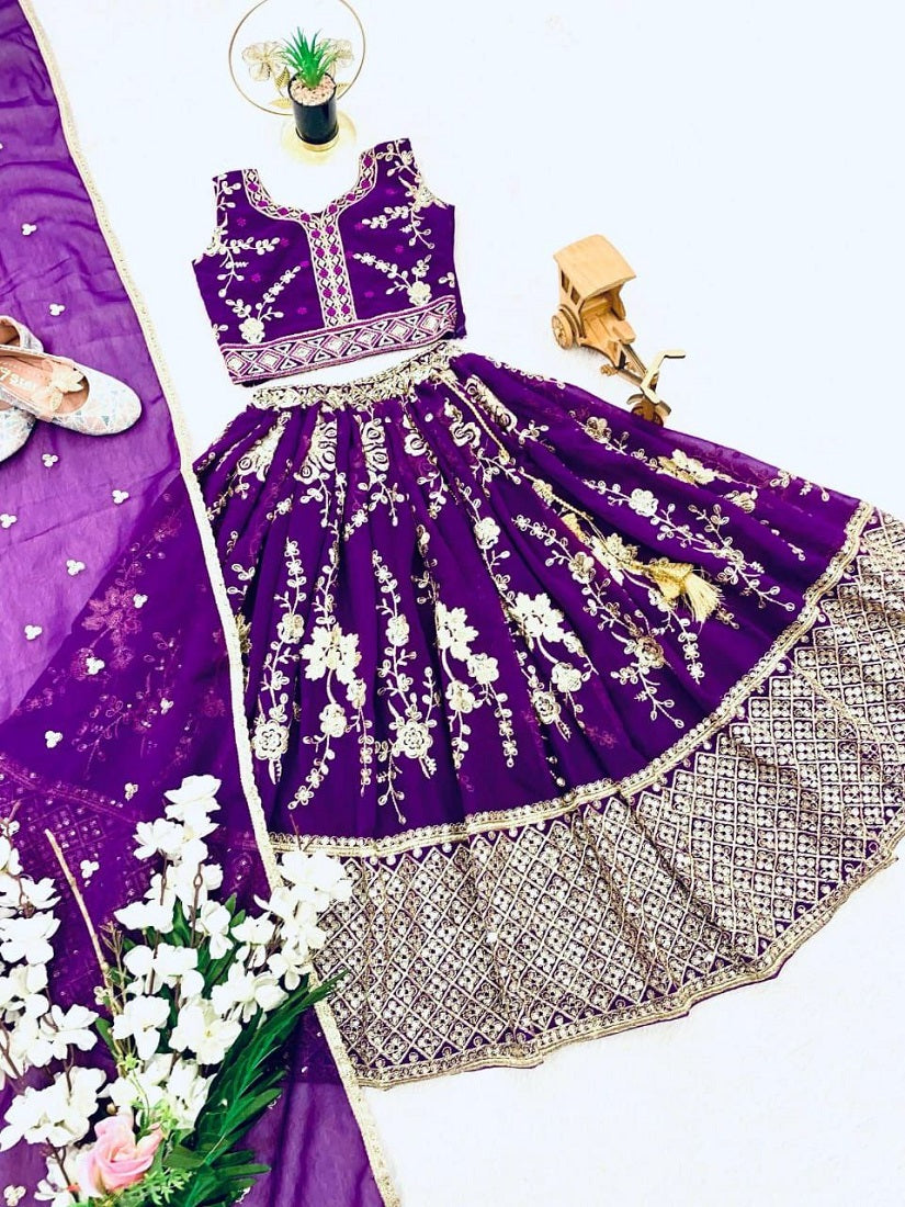 Evanik Purple Sequence Embroidered Lehenga Set for Kids - Dista