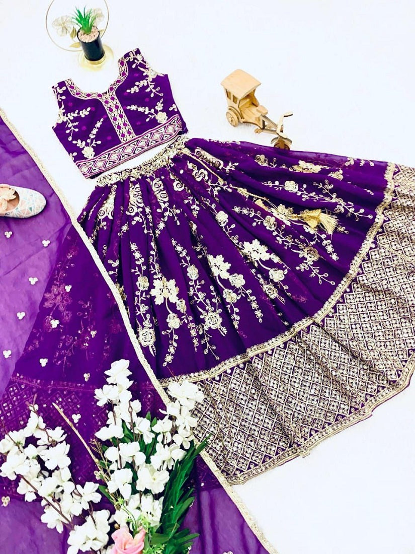 Evanik Purple Sequence Embroidered Lehenga Set for Kids - Dista