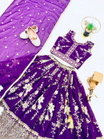 Thumbnail for Evanik Purple Sequence Embroidered Lehenga Set for Kids - Dista