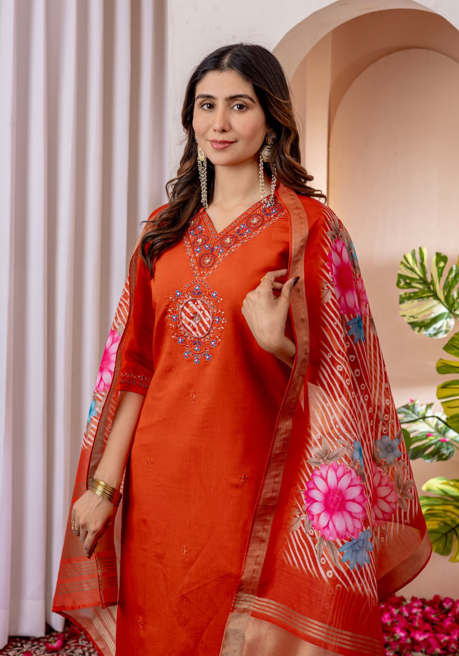 Pramukh Fab Orange Color Viscose Silk Kurta Set - Distacart