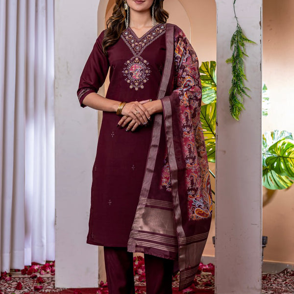 Pramukh Fab Wine Color Viscose Silk Kurta Set - Distacart