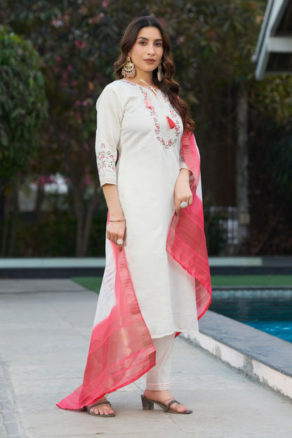 Pramukh Fab White Color Viscose Silk Kurta Set - Distacart