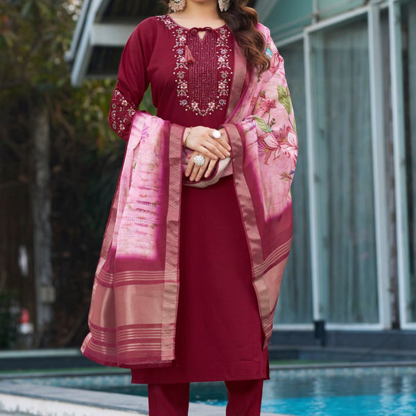 Pramukh Fab Maroon Color Viscose Silk Kurta Set - Distacart