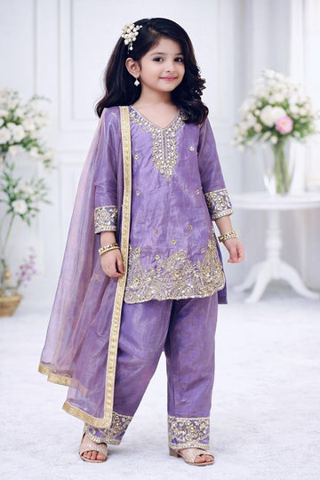 Evanik Purple Designer Party Wear Look Kids Top Salwar & Dupata - Dista
