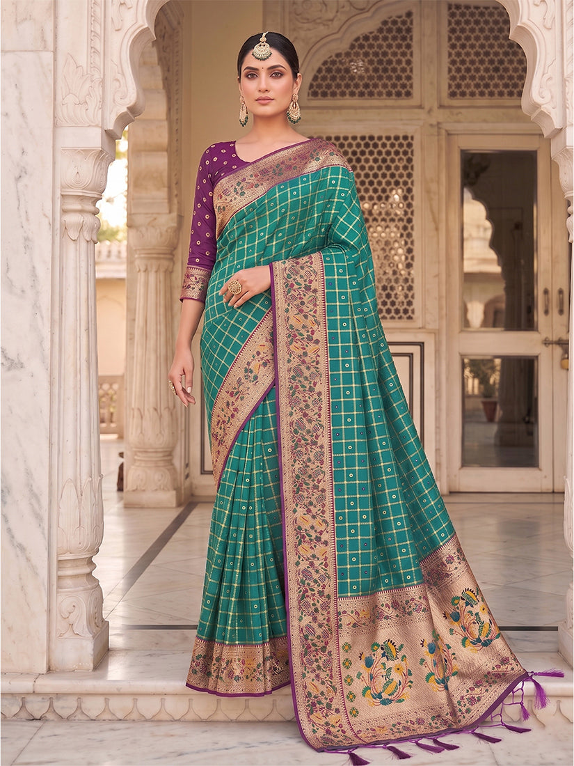 Monjolika Fashion Teal Banarasi Silk Blend Saree With Paithani Floral Pallu - Dista