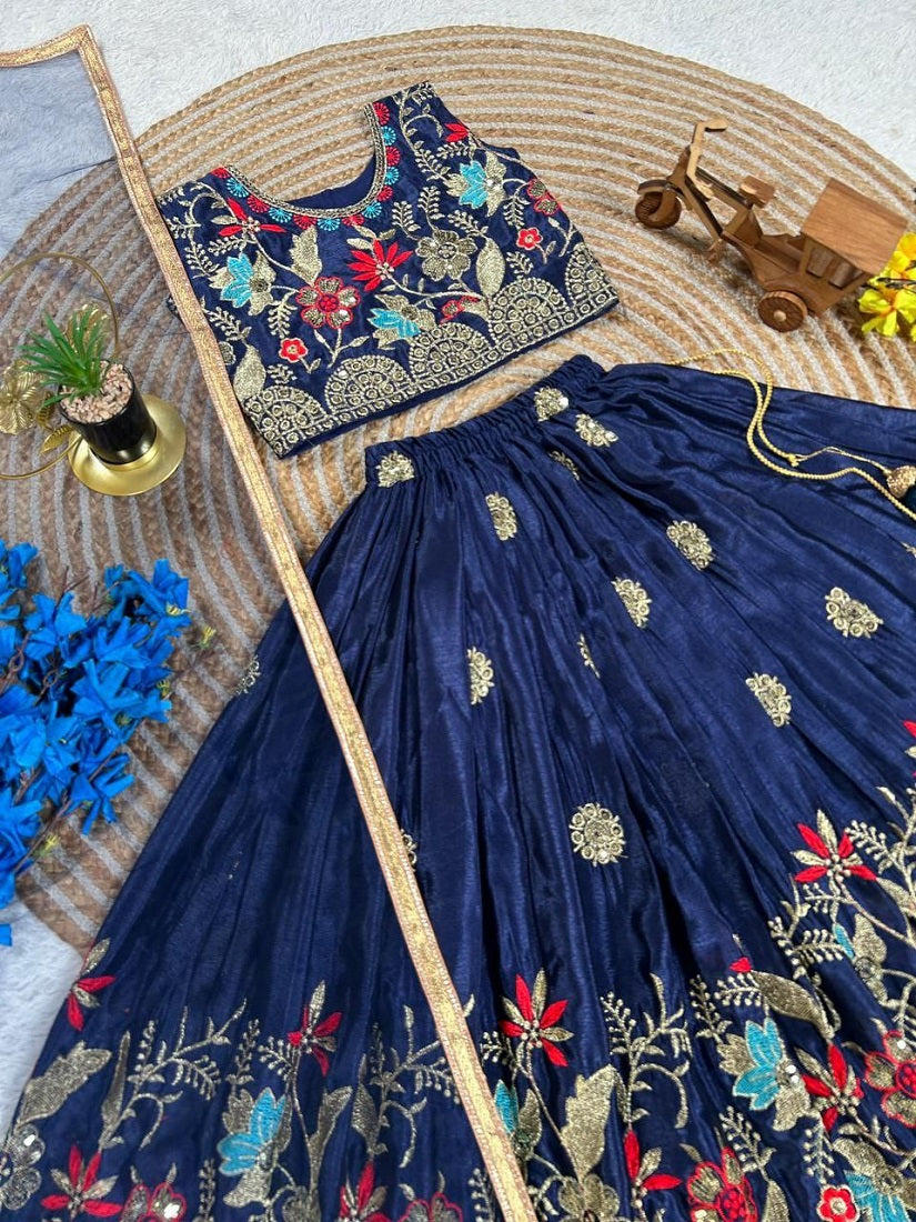 Evanik Blue Designer Sequence Embroidered Work Wedding Kids Lehenga Choli - Dista