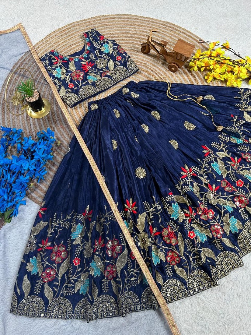 Evanik Blue Designer Sequence Embroidered Work Wedding Kids Lehenga Choli - Dista