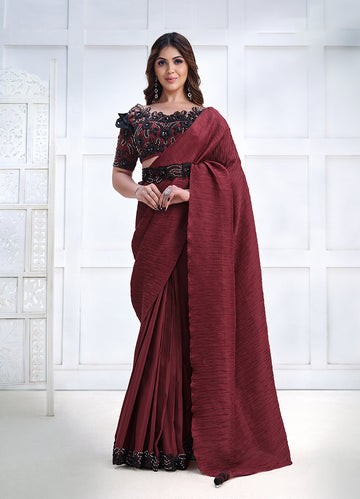 Monjolika Fashion Maroon Faux Crepe Silk Georgette Saree with Embroidered Blouse - Dista