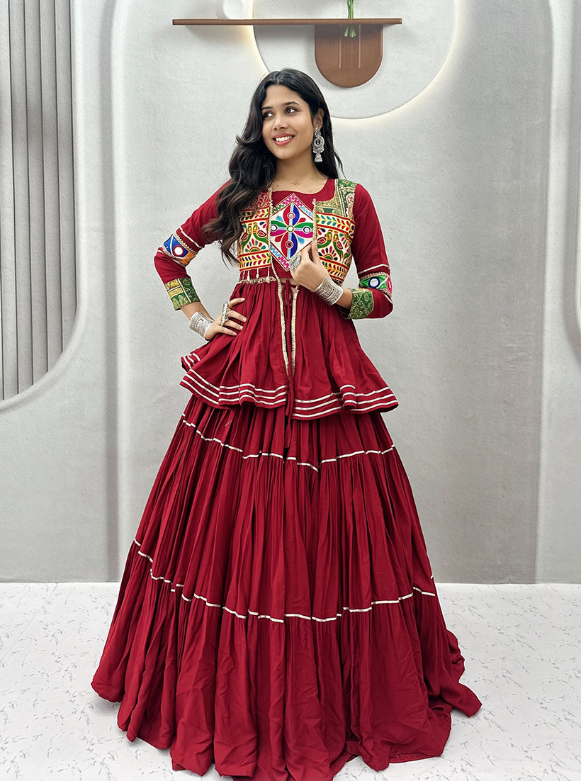 Monjolika Fashion Maroon Navratri Gamthi Work Cotton Blend Lehenga Choli with Designer Koti For Garba - Dista