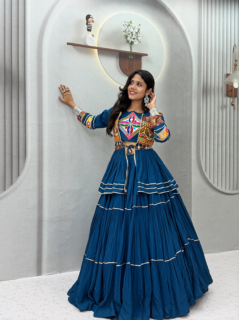 Monjolika Fashion Teal Blue Navratri Gamthi Work Cotton Blend Lehenga Choli with Designer Koti For Garba - Dista