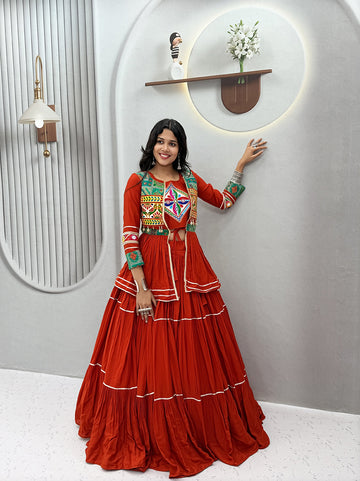 Monjolika Fashion Rust Orange Navratri Gamthi Work Cotton Blend Lehenga Choli with Designer Koti For Garba - Dista