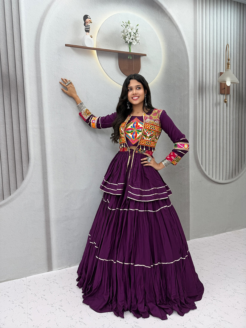 Monjolika Fashion Purple Navratri Gamthi Work Cotton Blend Lehenga Choli with Designer Koti For Garba - Dista