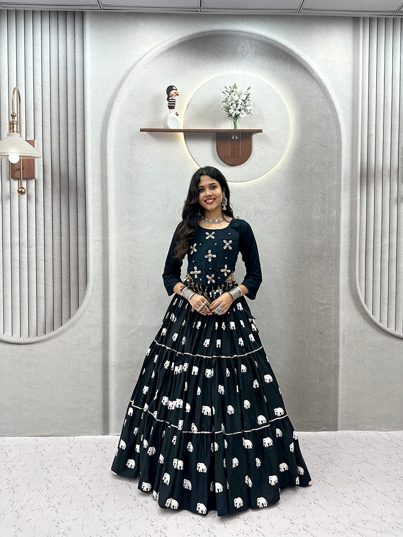 Monjolika Fashion Black Cotton Blend Ribbon Work Navratri Lehenga Choli - Dista