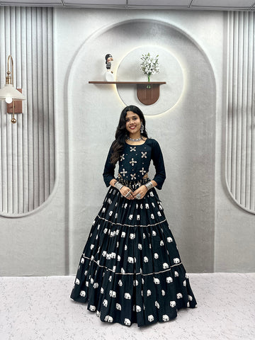 Monjolika Fashion Black Cotton Blend Ribbon Work Navratri Lehenga Choli - Dista