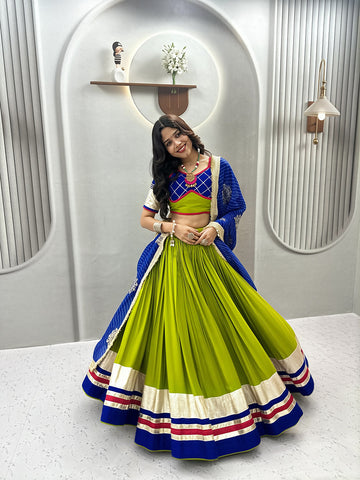 Monjolika Fashion Parrot Green Cotton Blend Navratri Special Lehenga Choli - Dista