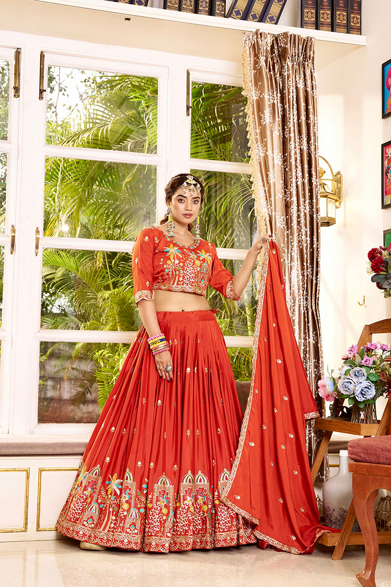 Monjolika Fashion Orange Faux Crepe Silk Embroidered Lehenga Choli - Dista