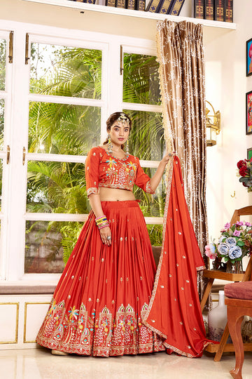 Monjolika Fashion Orange Faux Crepe Silk Embroidered Lehenga Choli - Dista