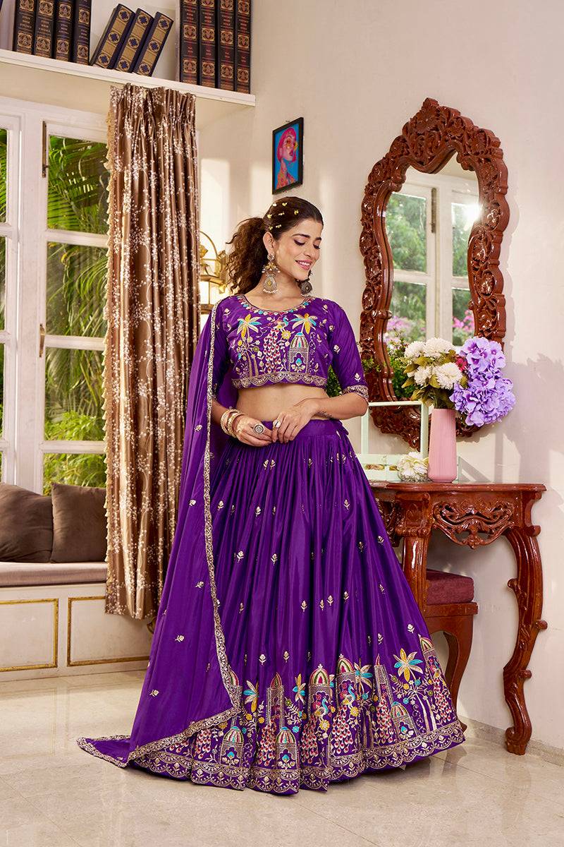 Monjolika Fashion Purple Faux Crepe Silk Embroidered Lehenga Choli - Dista