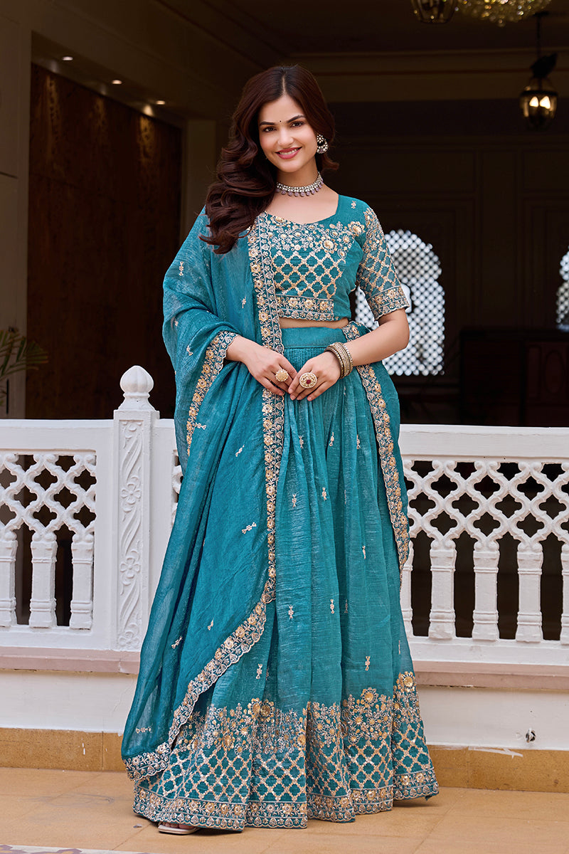 Monjolika Fashion Aqua Blue Silk Blend Embroidered Lehenga Choli Set With Dupatta - Dista