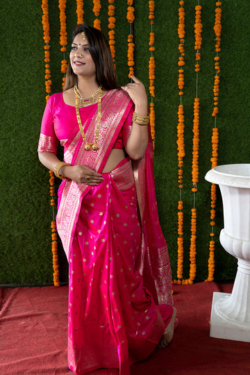 Monjolika Fashion Rani Pink Woven Banarasi Silk Blend Saree With Blouse - Dista