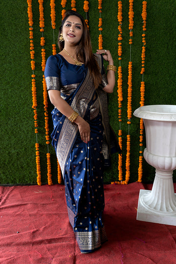 Monjolika Fashion Navy Blue Woven Banarasi Silk Blend Saree With Blouse - Dista