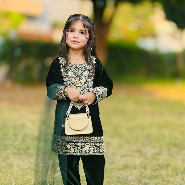 Evanik Green Designer Viscose Velvet Embroidered Work Kids Kurta Set - Distacart