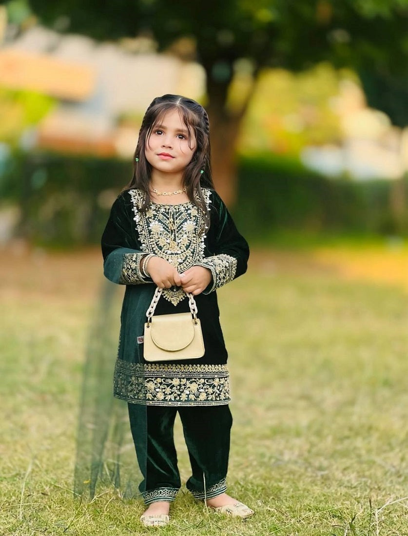 Evanik Green Designer Viscose Velvet Embroidered Work Kids Kurta Set - Distacart