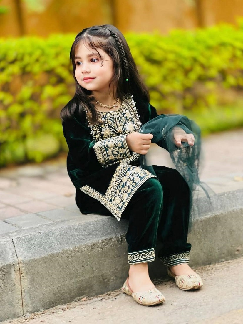 Evanik Green Designer Viscose Velvet Embroidered Work Kids Kurta Set - Distacart