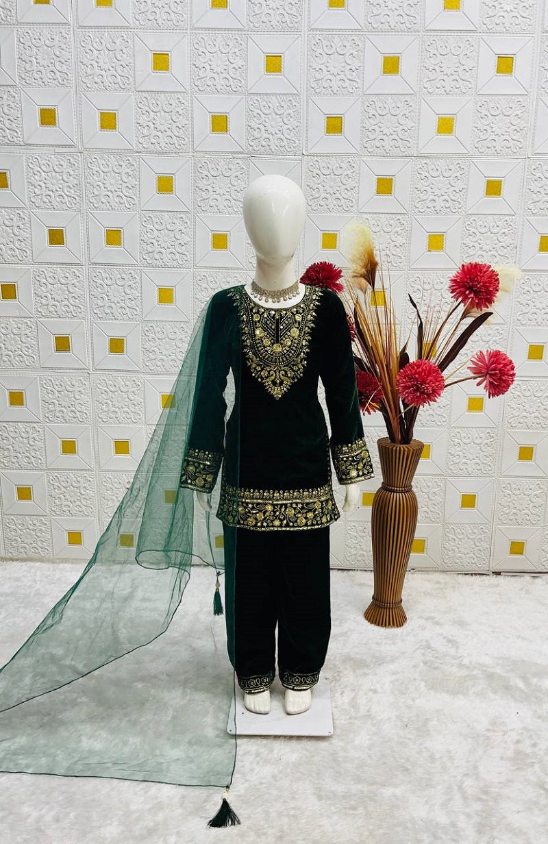 Evanik Green Designer Viscose Velvet Embroidered Work Kids Kurta Set - Distacart