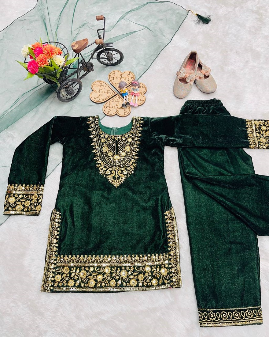 Evanik Green Designer Viscose Velvet Embroidered Work Kids Kurta Set - Distacart