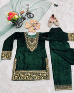 Thumbnail for Evanik Green Designer Viscose Velvet Embroidered Work Kids Kurta Set - Distacart