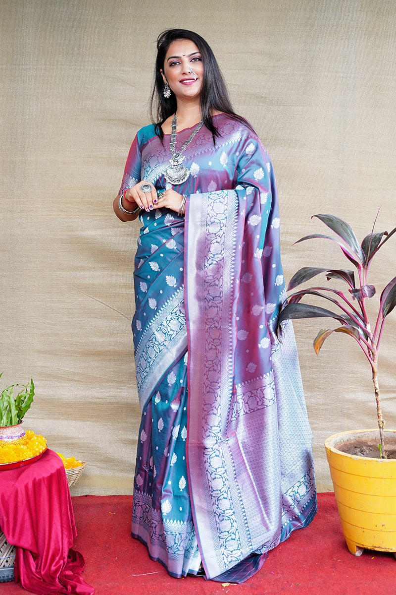 Monjolika Fashion Teal Blue Woven Banarasi Silk Blend Saree With Blouse - Dista