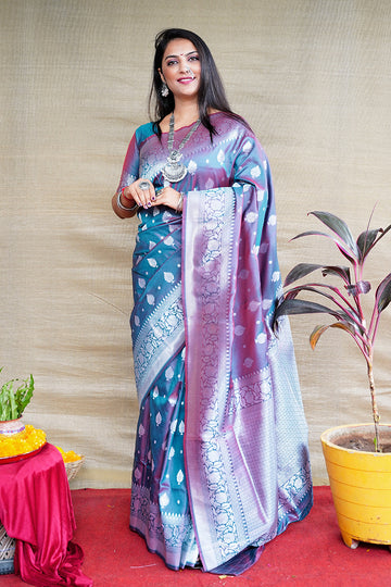 Monjolika Fashion Teal Blue Woven Banarasi Silk Blend Saree With Blouse - Dista