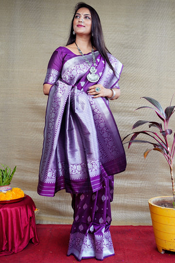 Monjolika Fashion Purple Woven Banarasi Silk Blend Saree With Blouse - Dista