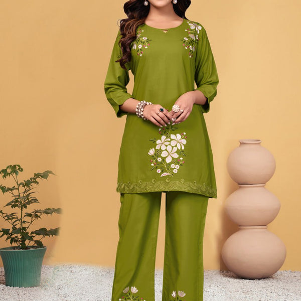 Pramukh Fab Olive Color Viscose Rayon Co-ord Set - Distacart