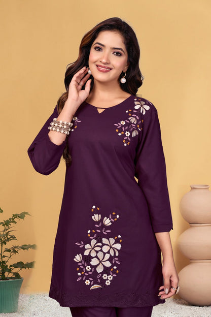 Pramukh Fab Plum Color Viscose Rayon Co-ord Set - Distacart