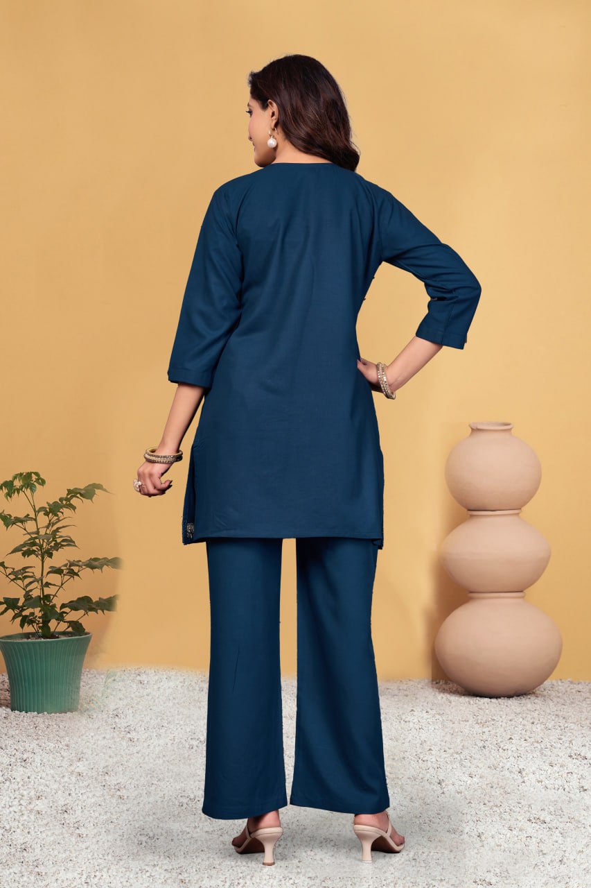Pramukh Fab Navy Blue Color Viscose Rayon Co-ord Set - Distacart