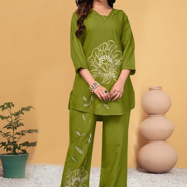 Pramukh Fab Olive Color Viscose Rayon Co-ord Set - Distacart