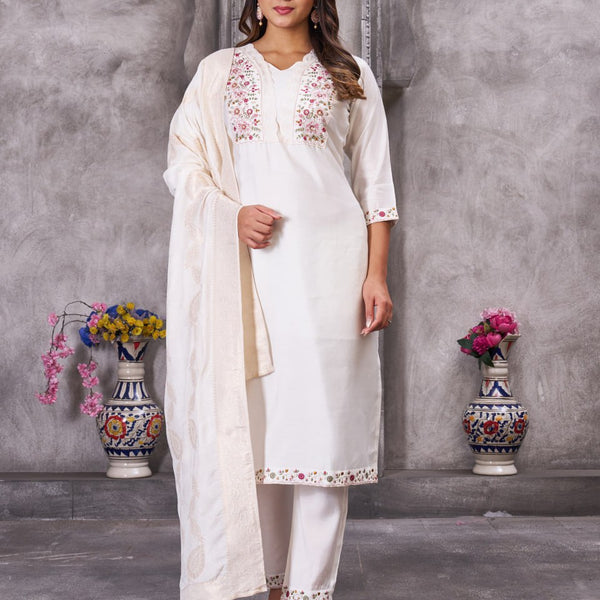 Pramukh Fab White Color Roman Silk Kurta Set - Distacart