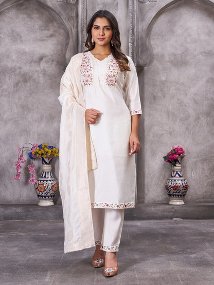 Pramukh Fab White Color Roman Silk Kurta Set - Distacart