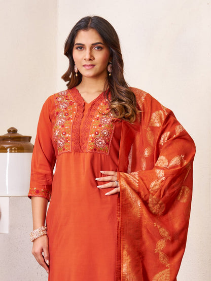 Pramukh Fab Orange Color Roman Silk Kurta Set - Distacart