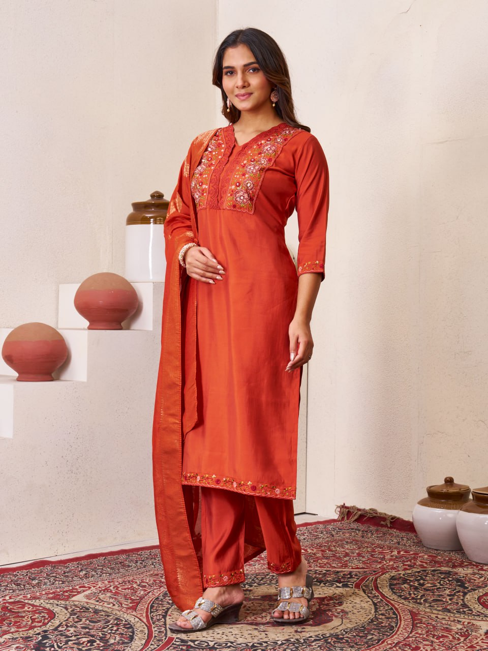 Pramukh Fab Orange Color Roman Silk Kurta Set - Distacart