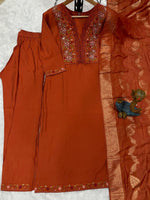 Thumbnail for Pramukh Fab Orange Color Roman Silk Kurta Set - Distacart