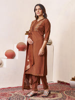 Thumbnail for Pramukh Fab Brown Color Roman Silk Kurta Set - Distacart